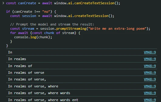 Chrome console running the code above, printing the poem as it grows one chunk at a time.