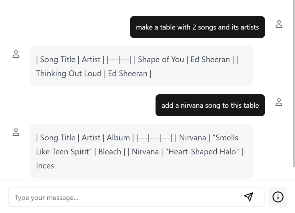 Chat where the user asks for a table of two songs, then asks to add a Nirvana song; the model answers with a new, unrelated table.