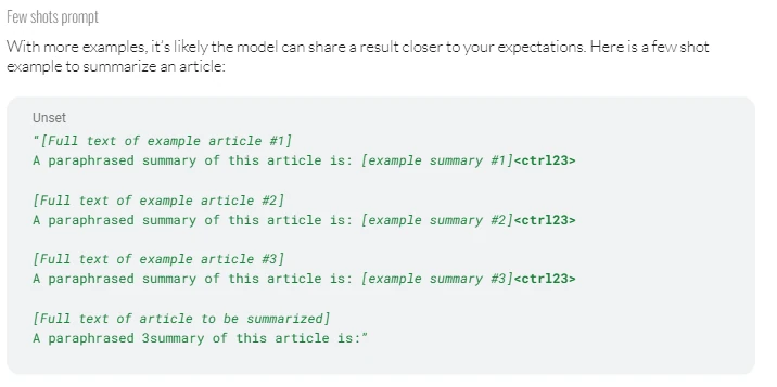 Excerpt from the documentation showing a few-shot prompt, with example articles and summaries separated by the ctrl23 sequence.