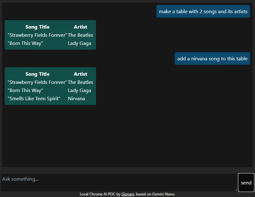 The same conversation in my app: after asking to add a Nirvana song, the model returns the original table with the new row added.