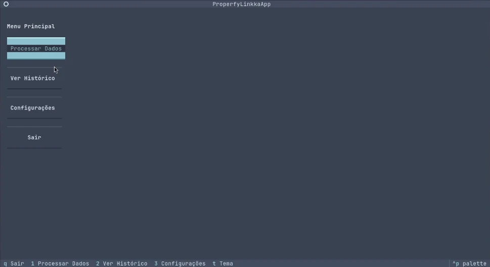 Menu principal da aplicação com as opções Processar Dados, Ver Histórico, Configurações e Sair.