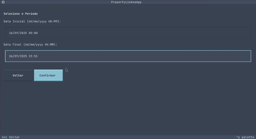 Ecrã de seleção de período com os campos Data Inicial e Data Final preenchidos no formato dia, mês, ano e hora.