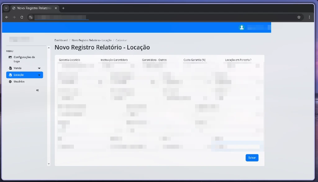 Janela de browser com o formulário Novo Registo Relatório de Locação da plataforma de destino, com os campos preenchidos. Todos os valores aparecem desfocados.
