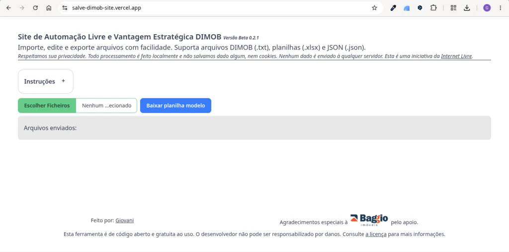The salve-dimob home page, with the file chooser, the option to download the template spreadsheet, and the notice that all processing is done locally.