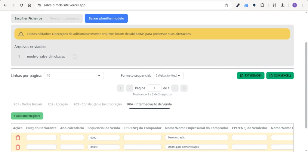 Table of sales brokerage records with editable fields for the filer's tax number, calendar year, sequence, buyer and seller, and export buttons for TXT and XLSX.
