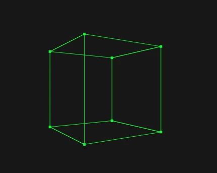 Cubo em arame verde sobre fundo preto, desenhado pela versão animada do programa.