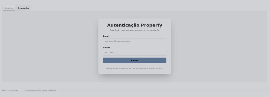 Ecrã de autenticação com os campos de e-mail e palavra-passe, identificado como autenticação Properfy para o ambiente de produção.