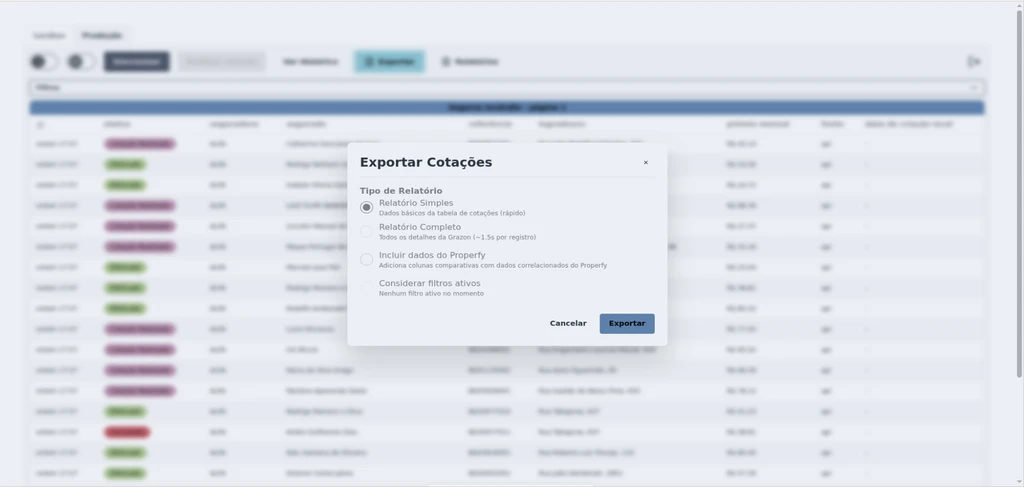 Diálogo de exportação de relatórios, com escolha entre relatório resumido e completo, opção de incluir dados do Properfy e opção de converter valores.
