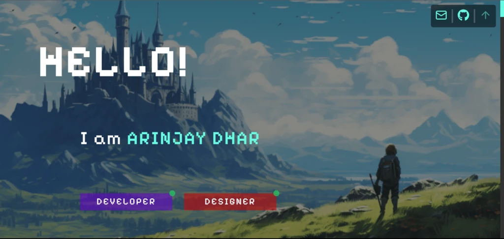Portefólio de Arinjay, ilustrado em pixel art.