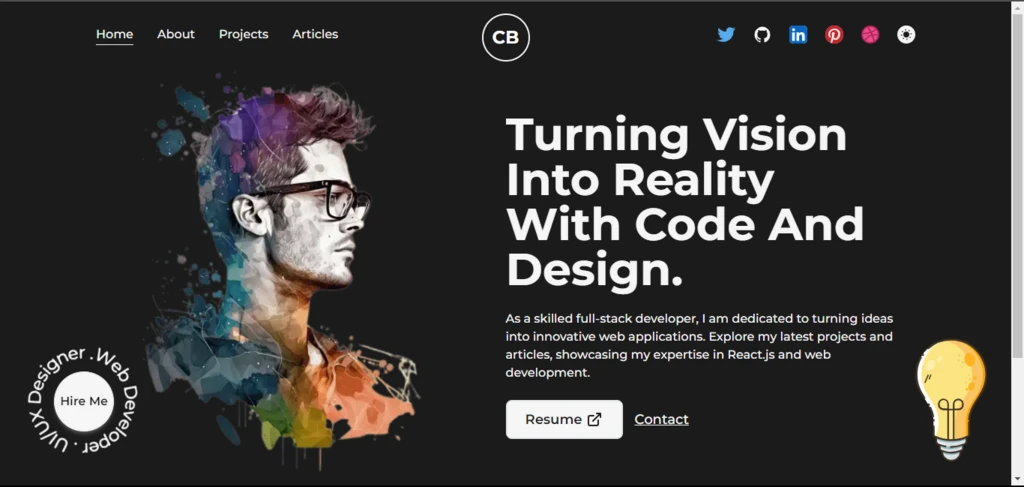Portefólio da CodeBucks em fundo escuro, com um retrato ilustrado e o título «Turning Vision Into Reality With Code And Design».