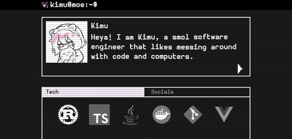 Portefólio de Kimu ao estilo de um terminal, com a linha de comandos «kimu@moe» e ícones das tecnologias que usa.