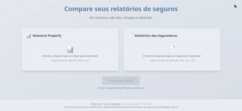 Ecrã inicial com duas zonas para largar ficheiros, uma para o relatório do CRM em folha de cálculo e outra para os relatórios das seguradoras, e um botão para processar os dados.