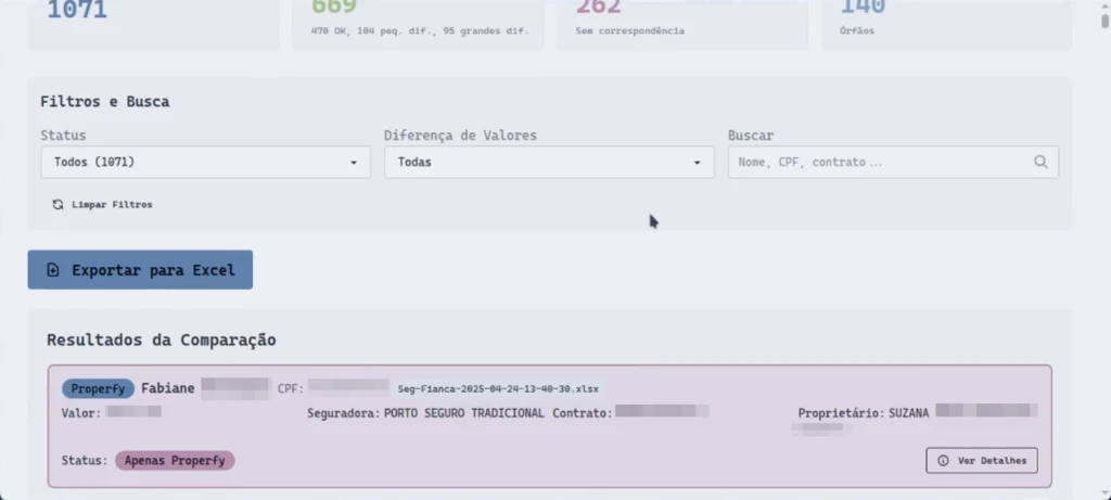 Painel de filtros por estado e por dimensão da diferença, campo de pesquisa, botão de exportar para Excel, e o primeiro registo da lista de resultados marcado como existindo apenas no CRM.